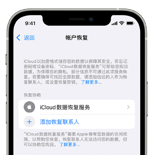 三亚苹果手机维修分享在 iPhone 上设置帐户恢复联系人的方法 