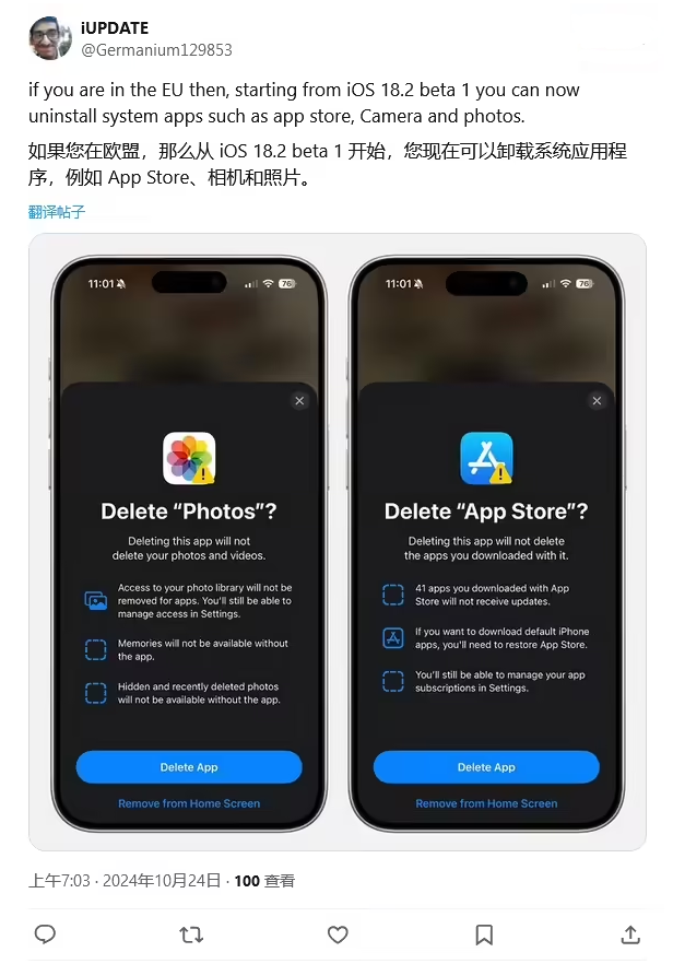 三亚苹果手机维修分享iOS 18.2 支持删除 App Store 应用商店 