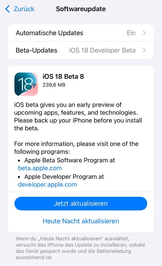 三亚苹果手机维修分享苹果 iOS / iPadOS 18 开发者预览版 Beta 8 发布 